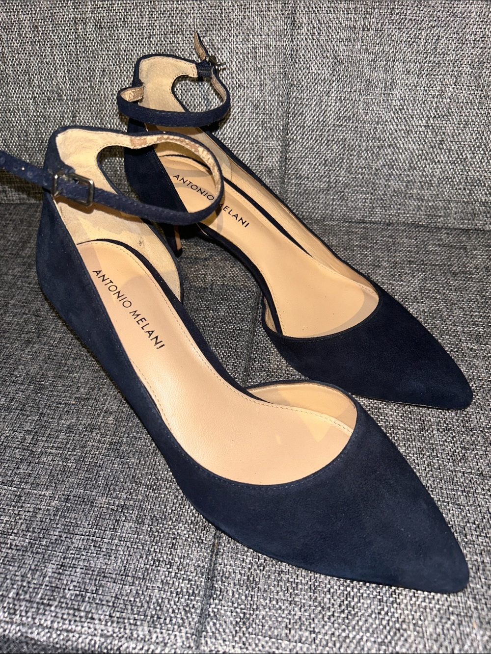 ANTONIO MELANI Navy Suede Pointed-Toe Ankle-Strap Flats